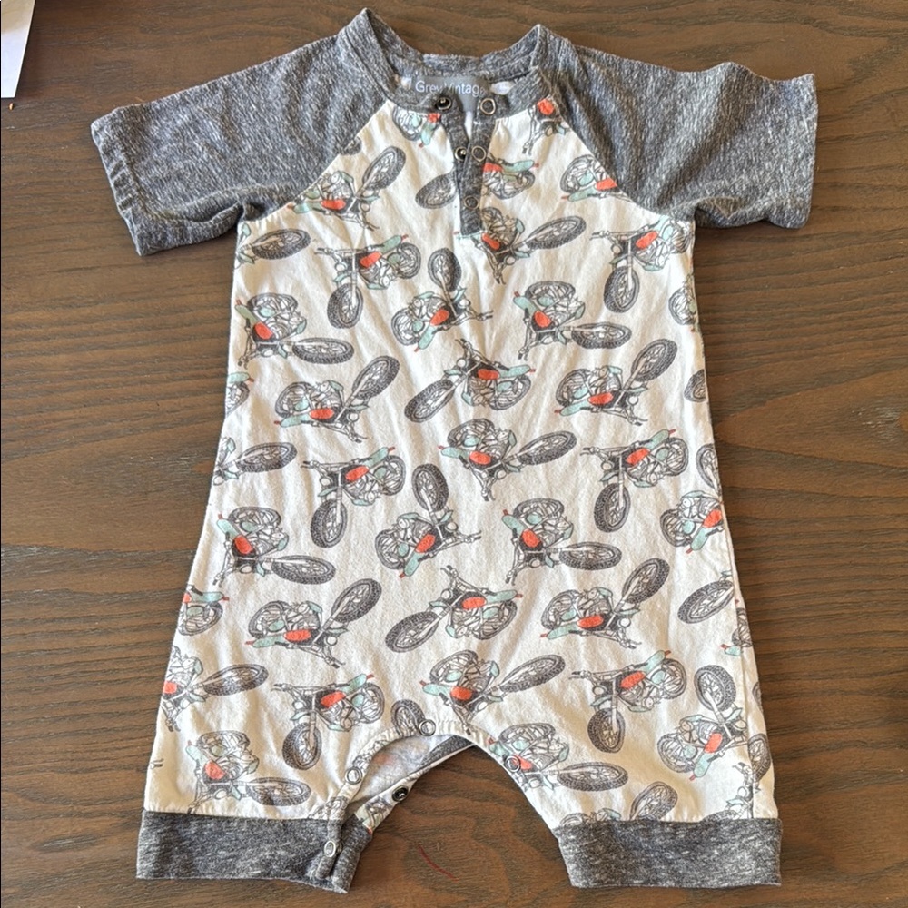 Gray and White Baby Romper with Motorcycle Print